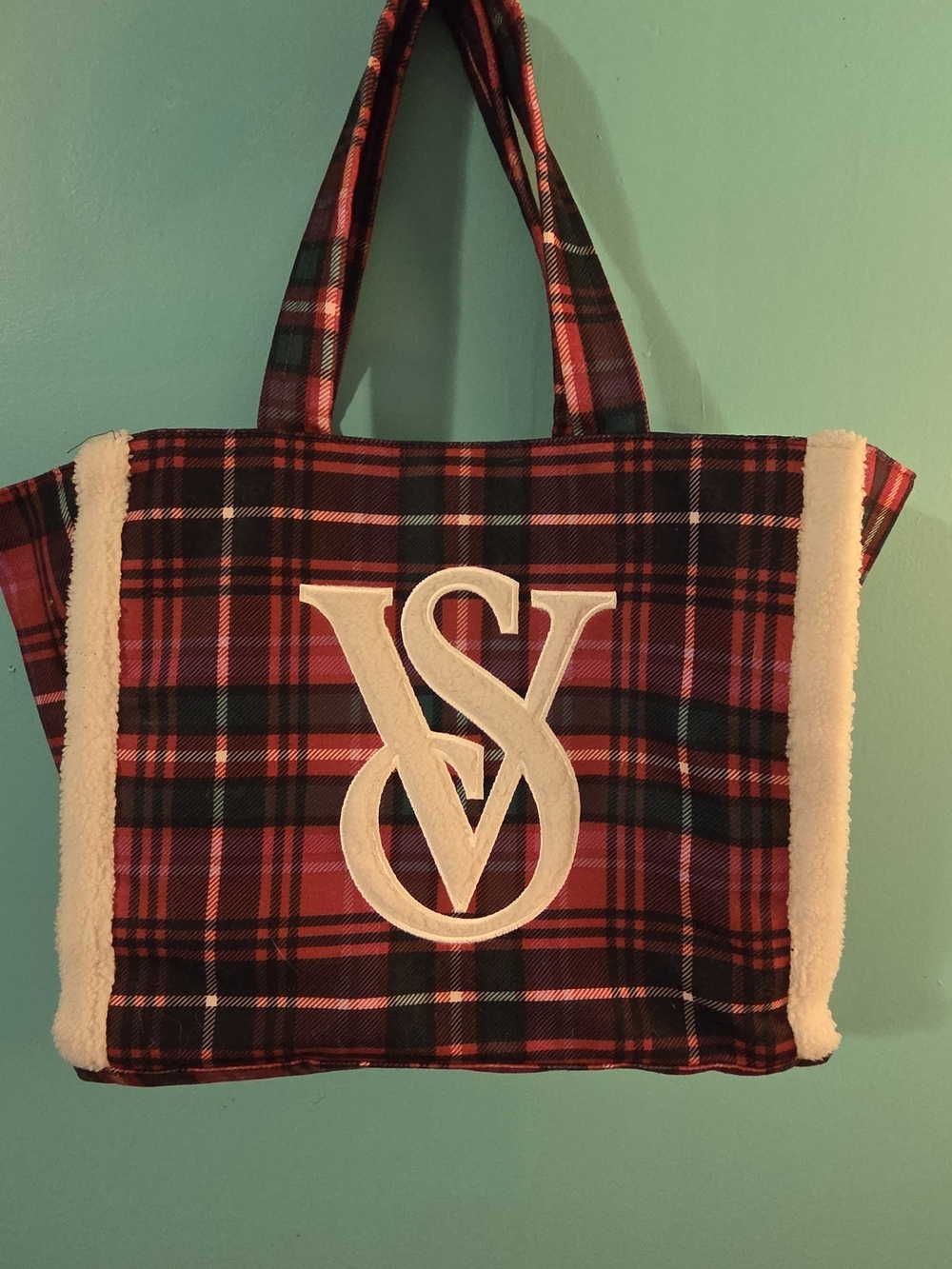Victoria's Secret Red Plaid Tote Bag with Shearling Trim
